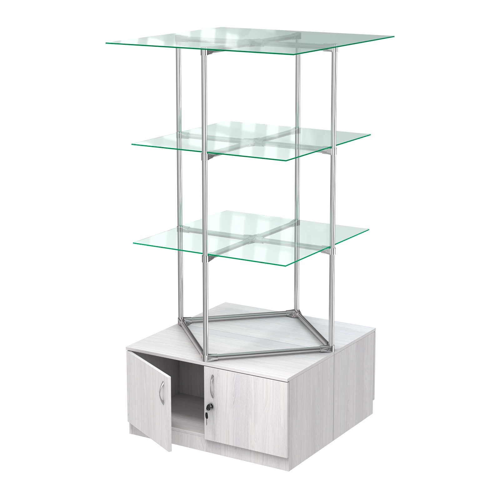 Торговые стенды Экспозиция с полками и тумбами №1 (с двумя стеклянными полками 6мм) Ясень Анкор светлый