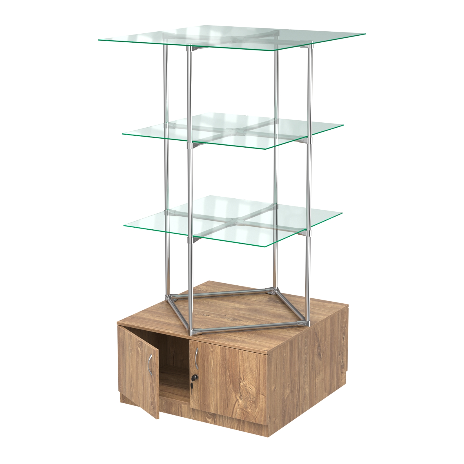 Торговые стенды Экспозиция с полками и тумбами №1 (с двумя стеклянными полками 6мм) Дуб Канзас коричневый