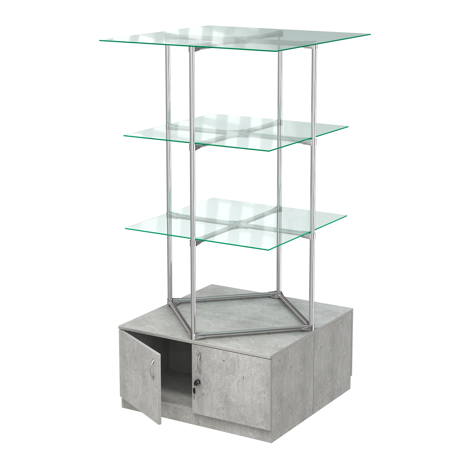 Торговые стенды Экспозиция с полками и тумбами №1 (с двумя стеклянными полками 6мм) Метрополитан Грей