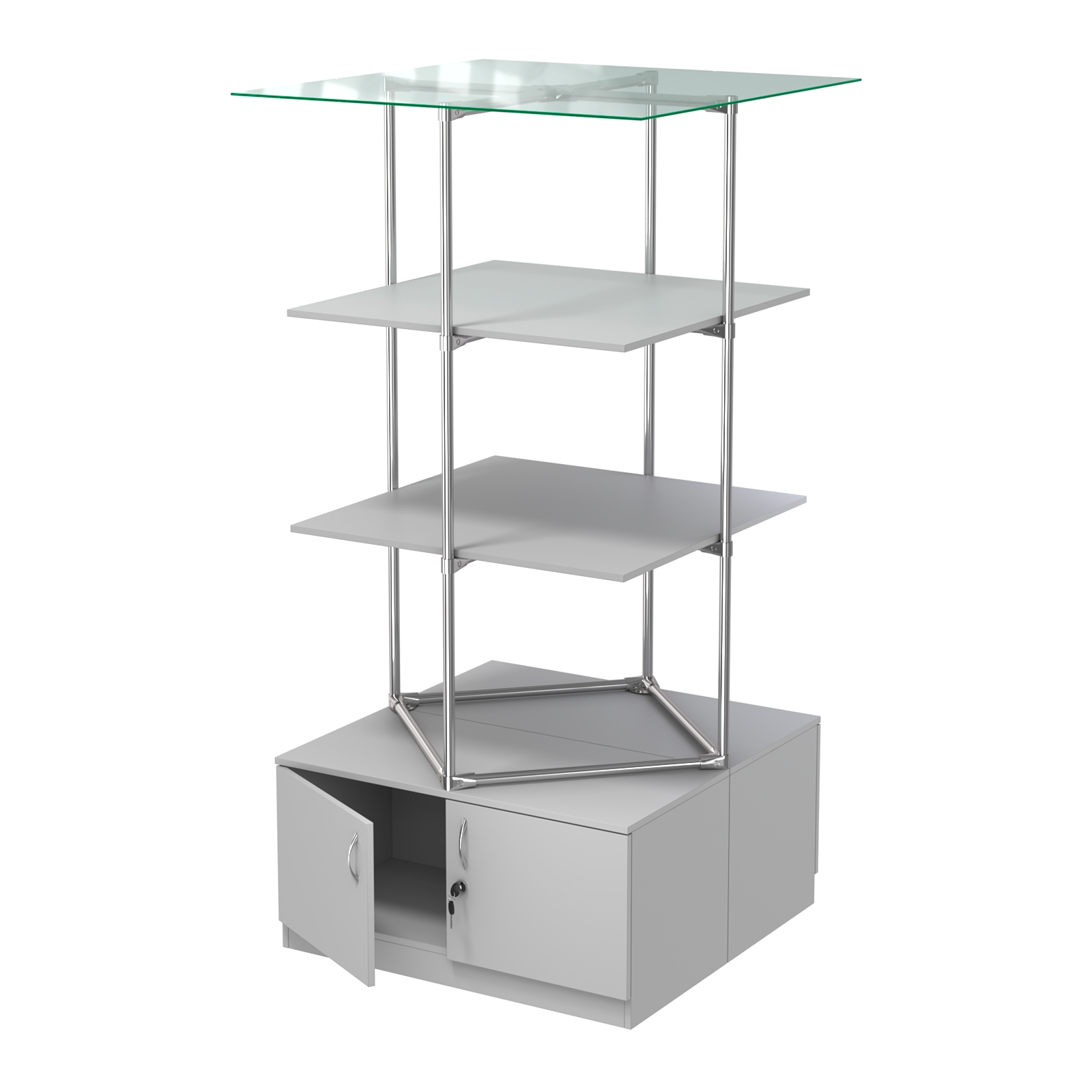 Торговые стенды Экспозиция с полками и тумбами №3 (с двумя полками ДСП 16мм) Серый