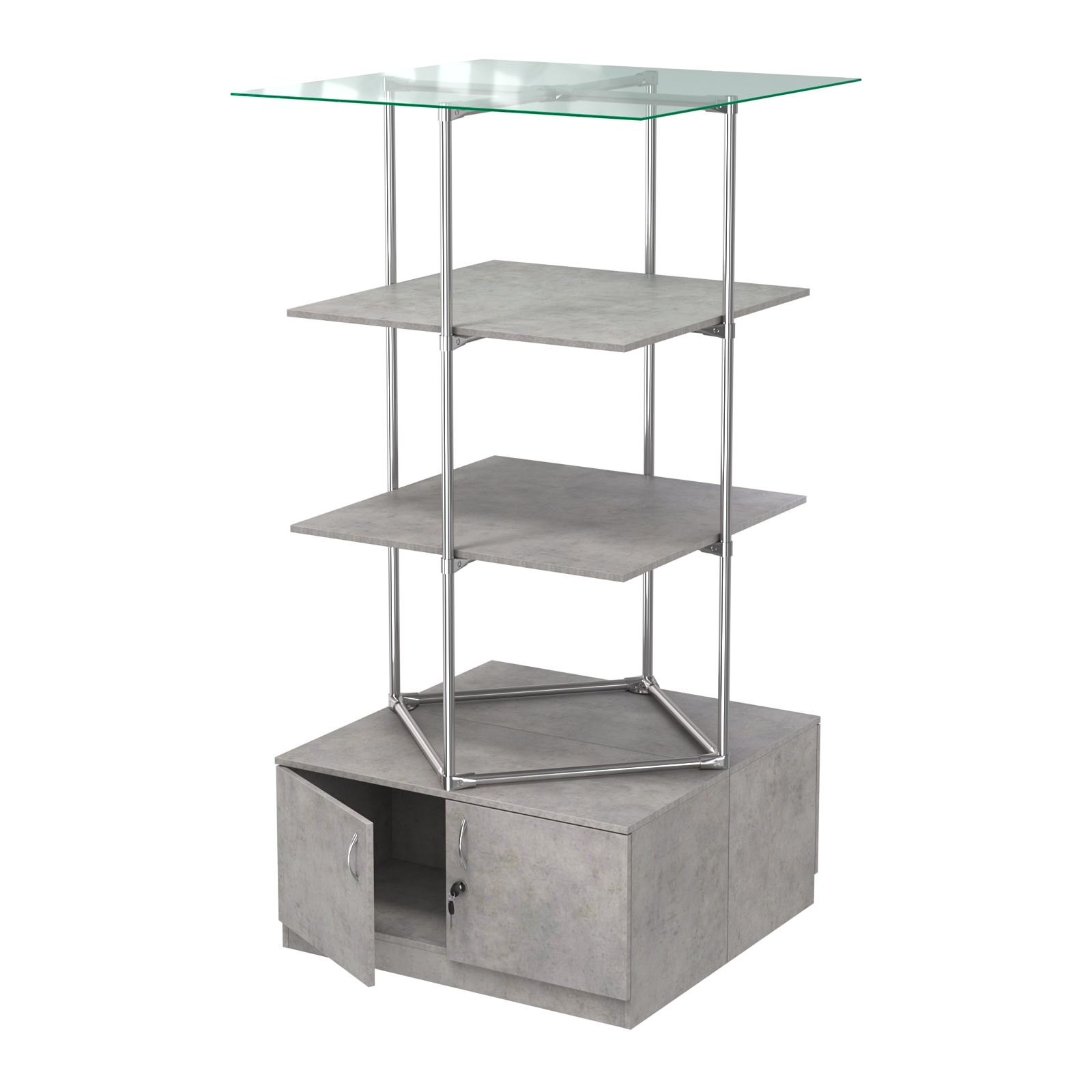 Торговые стенды Экспозиция с полками и тумбами №3 (с двумя полками ДСП 16мм) Бетон Чикаго светло-серый F186 ST9