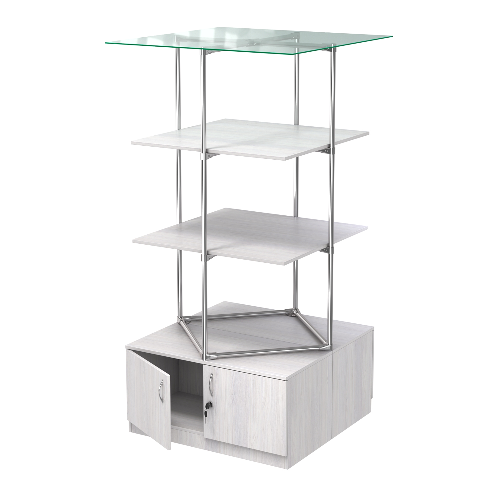 Торговые стенды Экспозиция с полками и тумбами №3 (с двумя полками ДСП 16мм) Ясень Анкор светлый