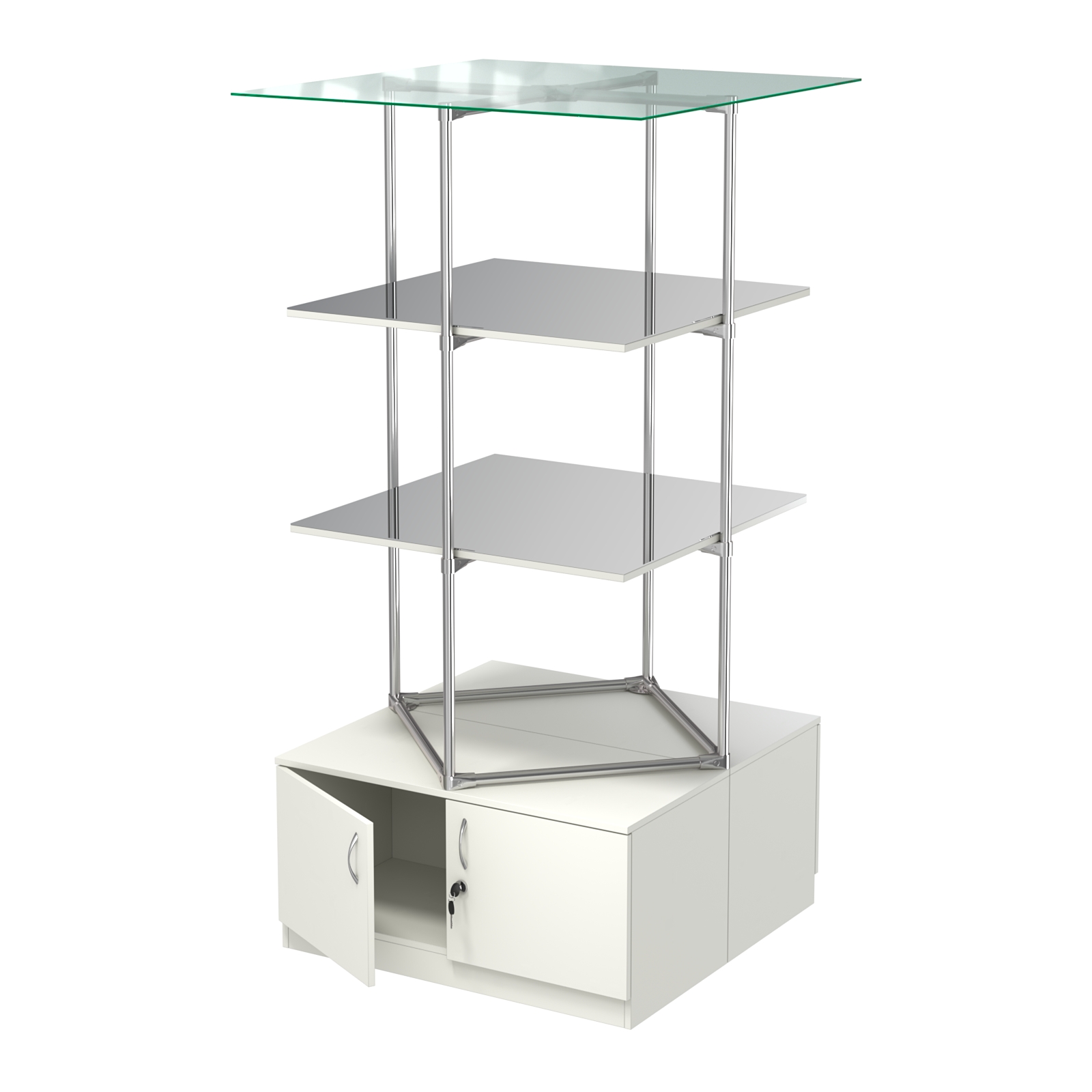 Торговые стенды Экспозиция с полками и тумбами №4 (с двумя зеркальными полками) Белый