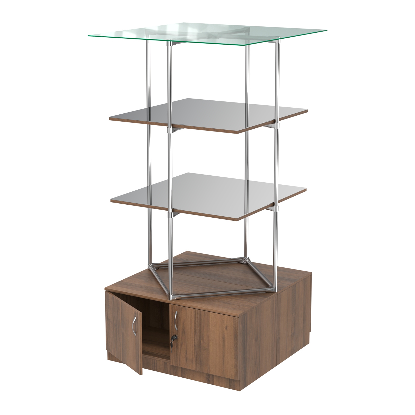 Торговые стенды Экспозиция с полками и тумбами №4 (с двумя зеркальными полками) Орех