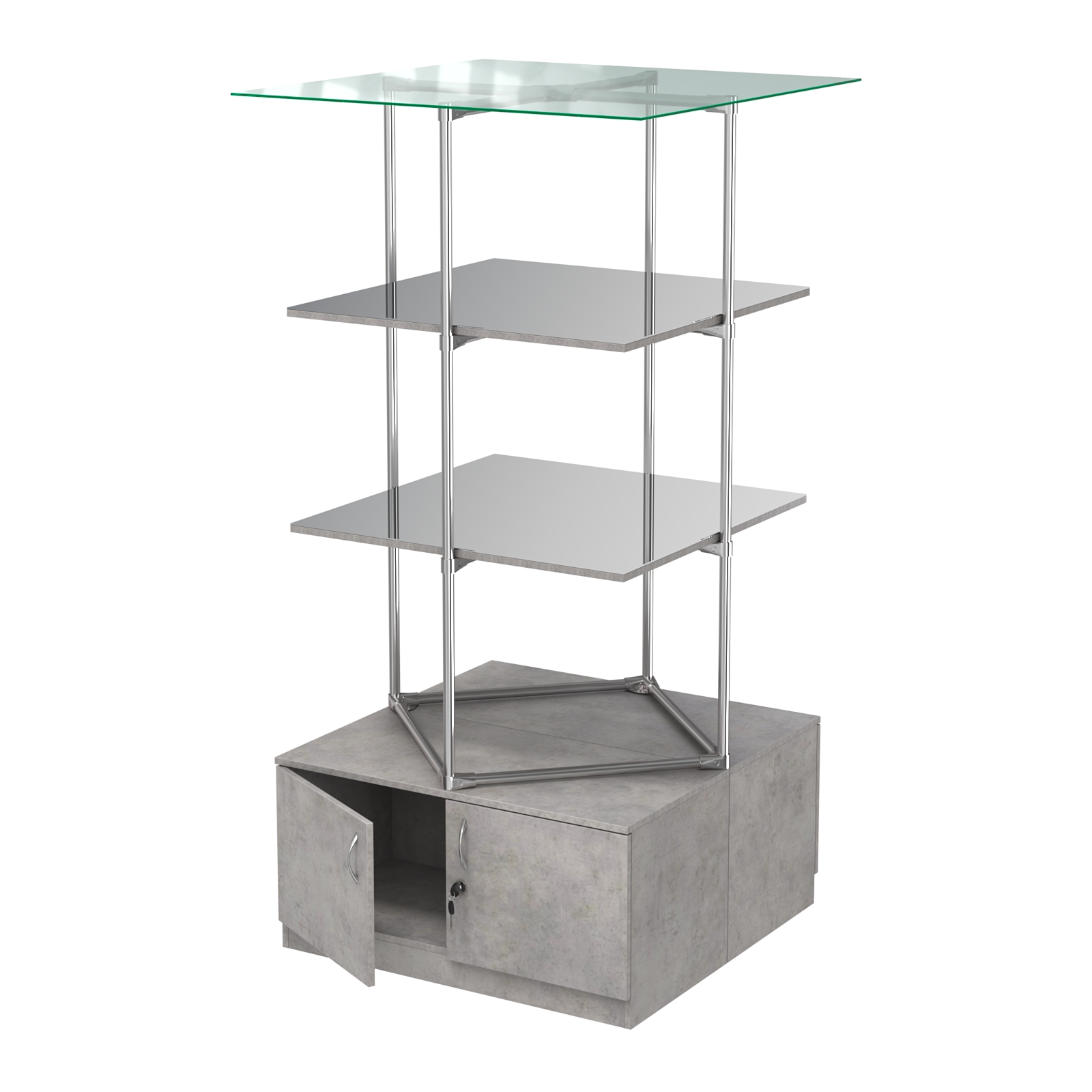 Торговые стенды Экспозиция с полками и тумбами №4 (с двумя зеркальными полками) Бетон Чикаго светло-серый F186 ST9