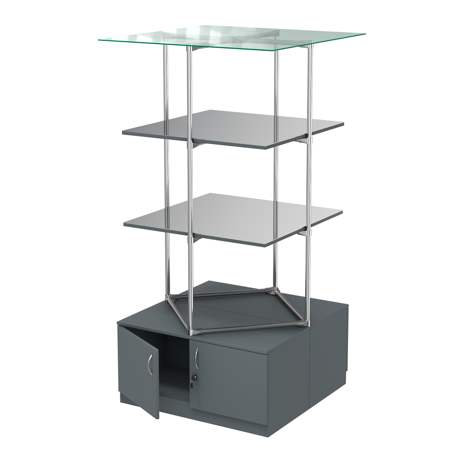 Торговые стенды Экспозиция с полками и тумбами №4 (с двумя зеркальными полками) Темно-Серый