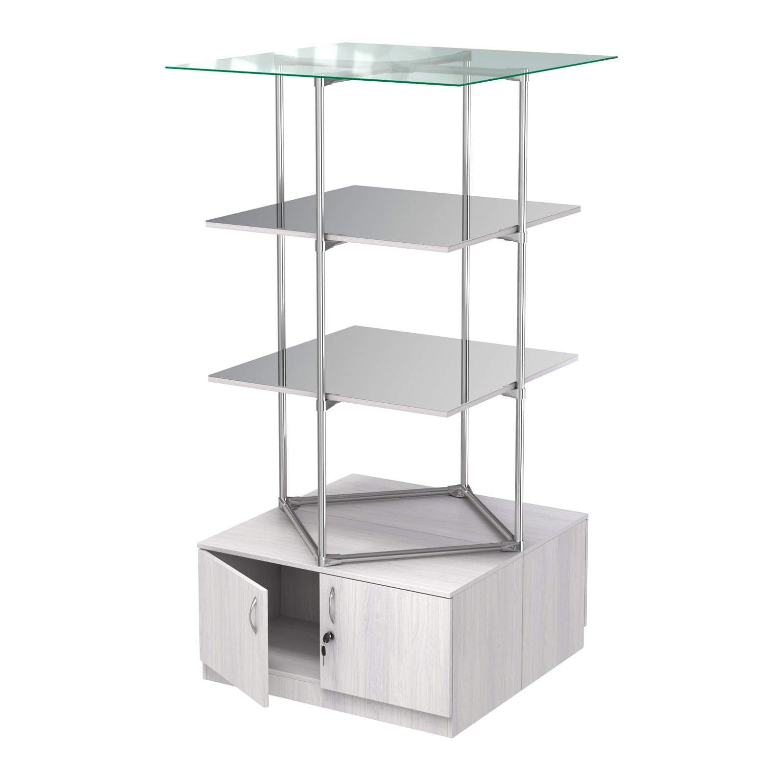 Торговые стенды Экспозиция с полками и тумбами №4 (с двумя зеркальными полками) Ясень Анкор светлый