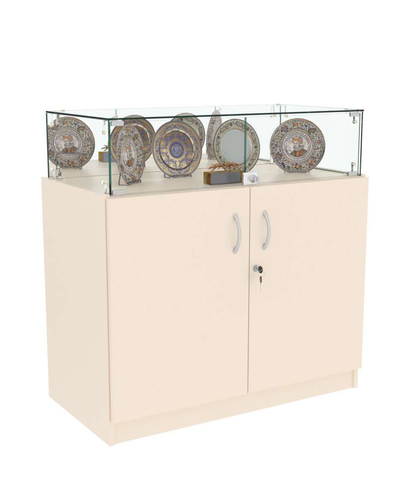 Торговый пристенный прилавок Зеркало с дверками №114  Крем Вайс