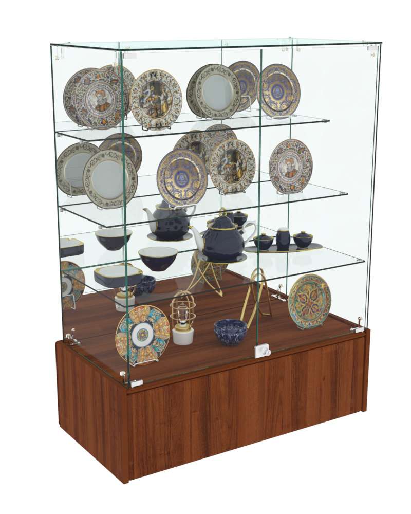 Торговый пристенный прилавок Зеркало с тремя прозрачными полками №108 (закрытый) Орех