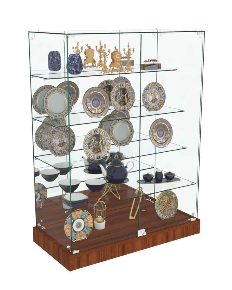 Торговый пристенный прилавок Зеркало с четырьмя прозрачными полками №109 (закрытый) Орех