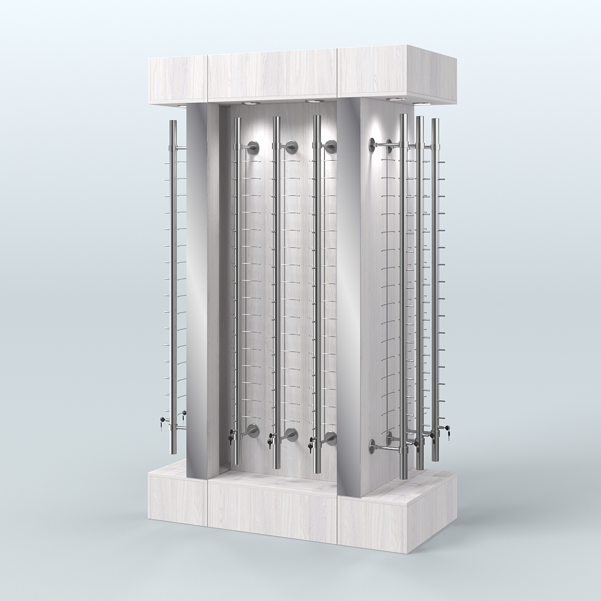 Комплект стеллажей из ДСП с подсветкой для продажи очков №1-а (З/Д) (с торцевыми зеркалами) Ясень Анкор светлый