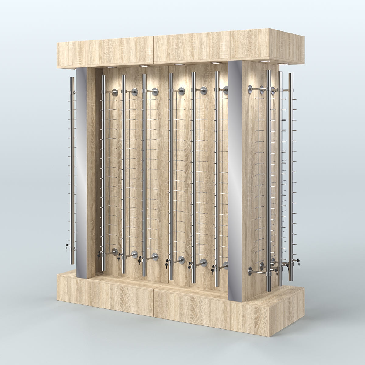 Комплект стеллажей из ДСП с подсветкой для продажи очков №1-б (З/Д) (с торцевыми зеркалами) Дуб сонома
