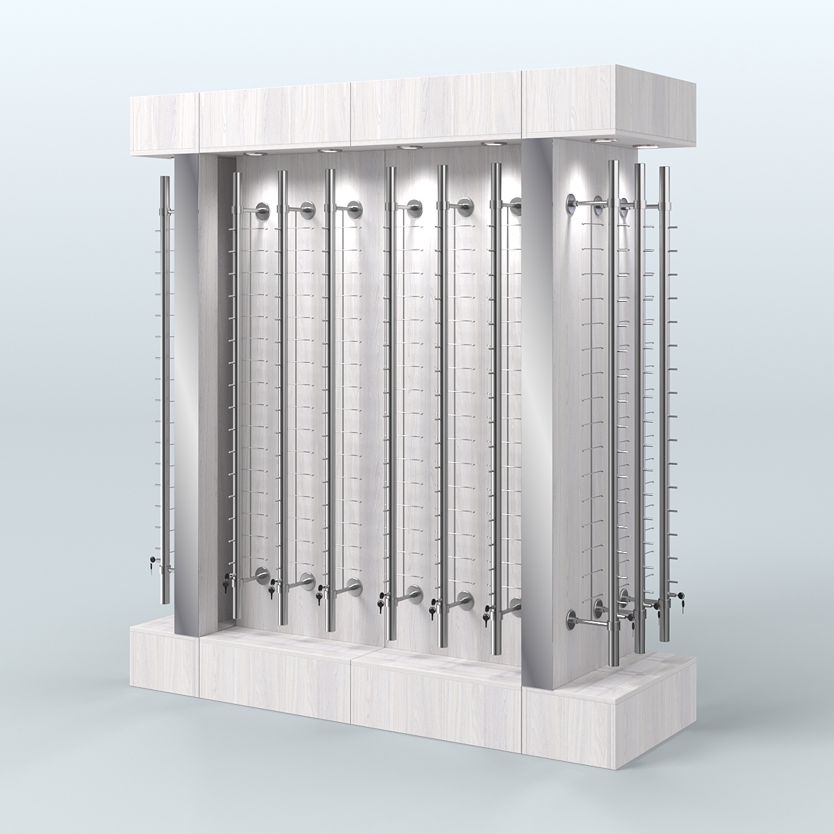 Комплект стеллажей из ДСП с подсветкой для продажи очков №1-б (З/Д) (с торцевыми зеркалами) Ясень Анкор светлый