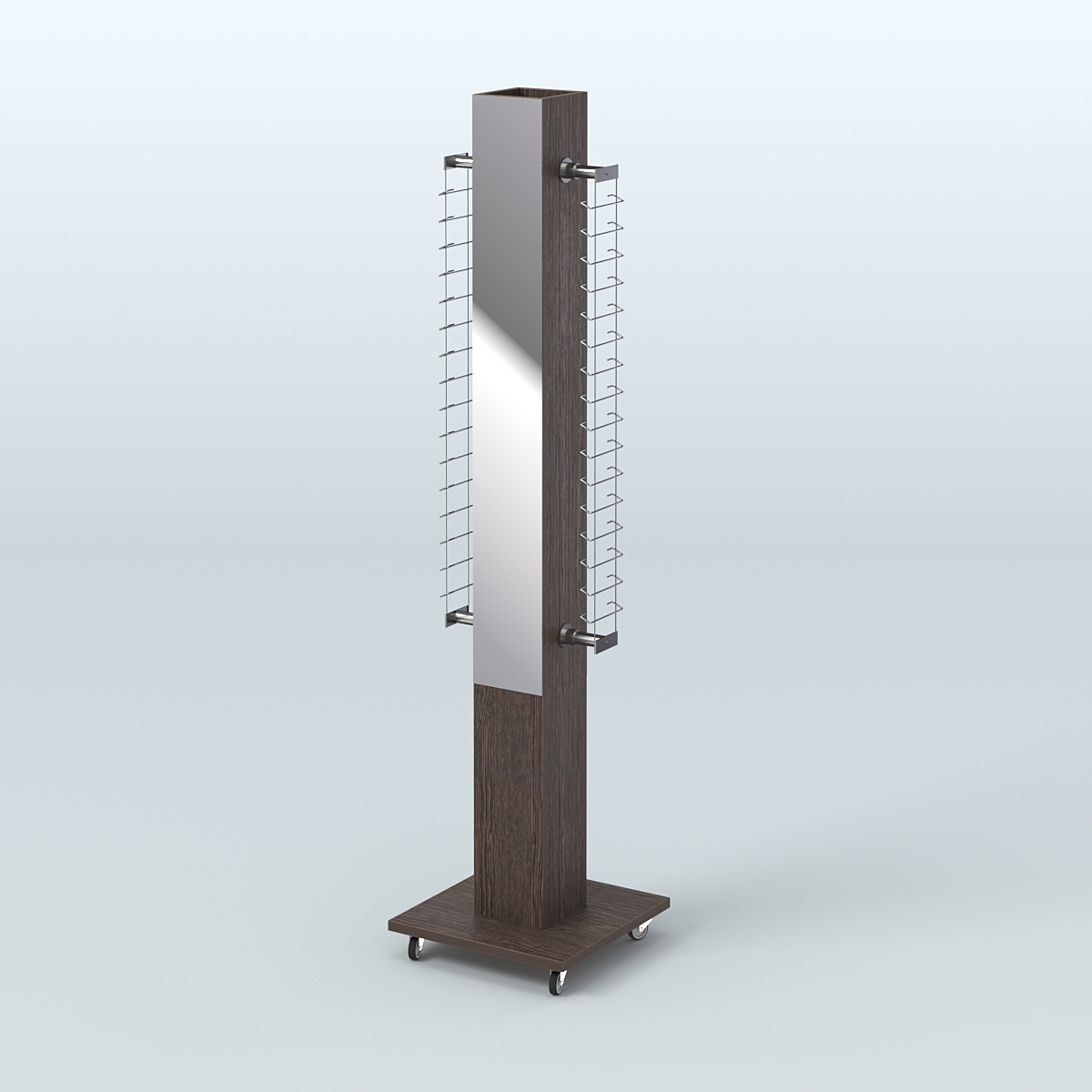 Островная торговая стойка из ДСП для продажи очков №1-Д24 открытого типа (с торцевыми зеркалами) Дуб Венге