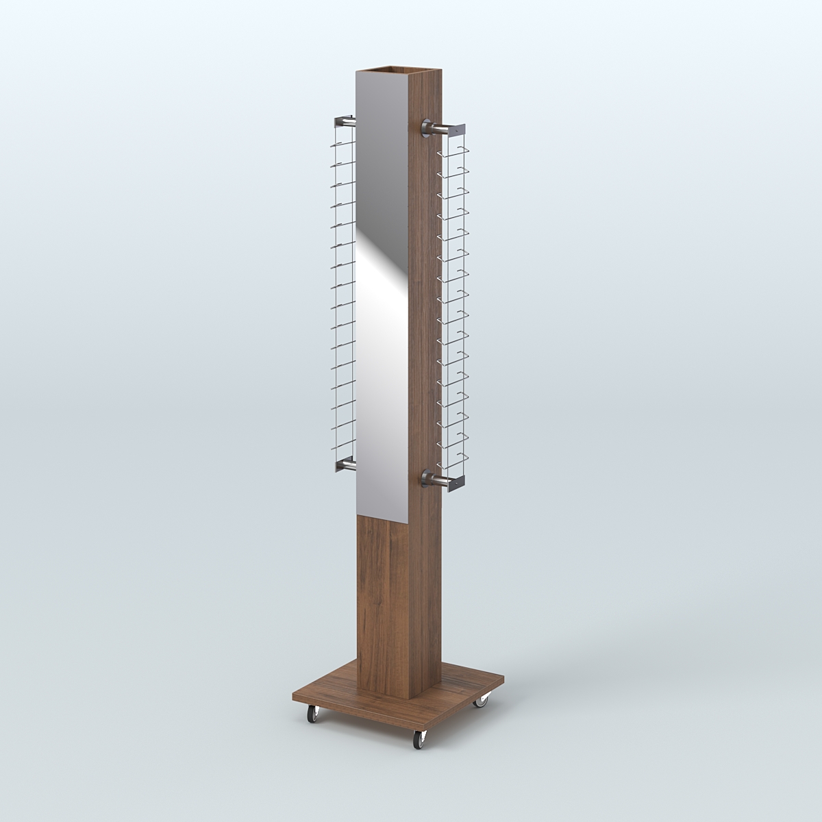 Островная торговая стойка из ДСП для продажи очков №1-Д24 открытого типа (с торцевыми зеркалами) Орех