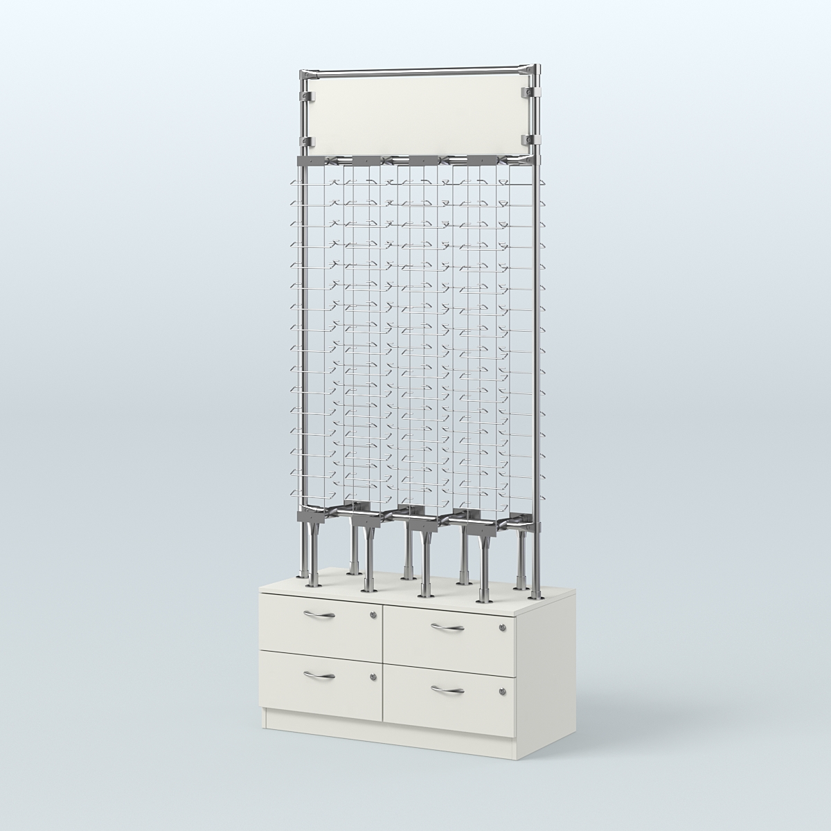 Островная двусторонняя витрина для продажи очков без задней стенки №ОВДПО-ОД-Т19-Д24 (открытый доступ) Белый