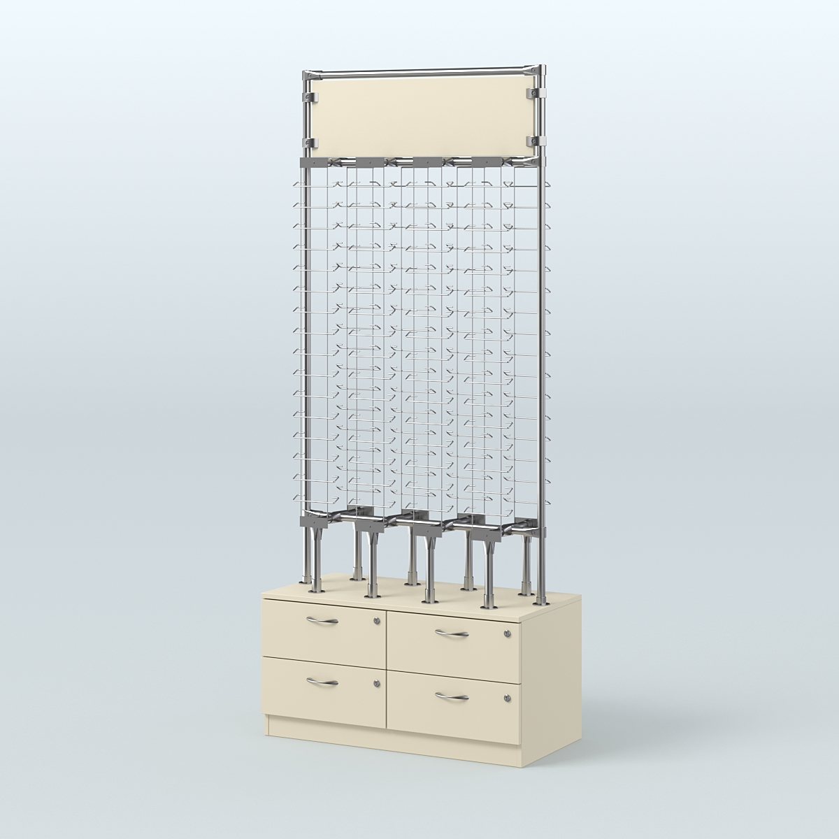 Островная двусторонняя витрина для продажи очков без задней стенки №ОВДПО-ОД-Т19-Д24 (открытый доступ) Крем Вайс