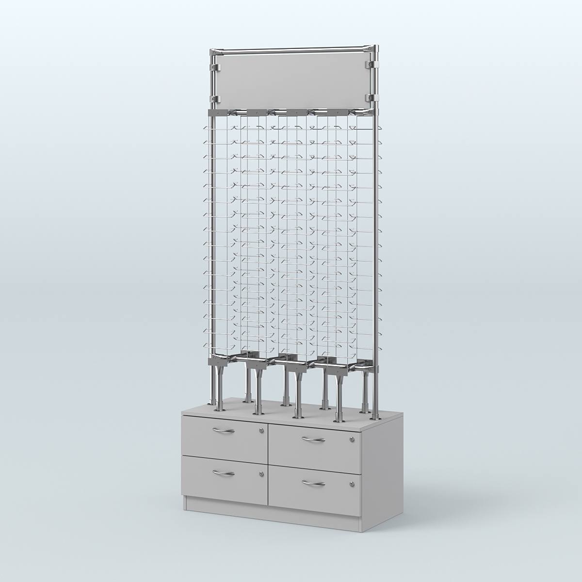 Островная двусторонняя витрина для продажи очков без задней стенки №ОВДПО-ОД-Т19-Д24 (открытый доступ) Серый