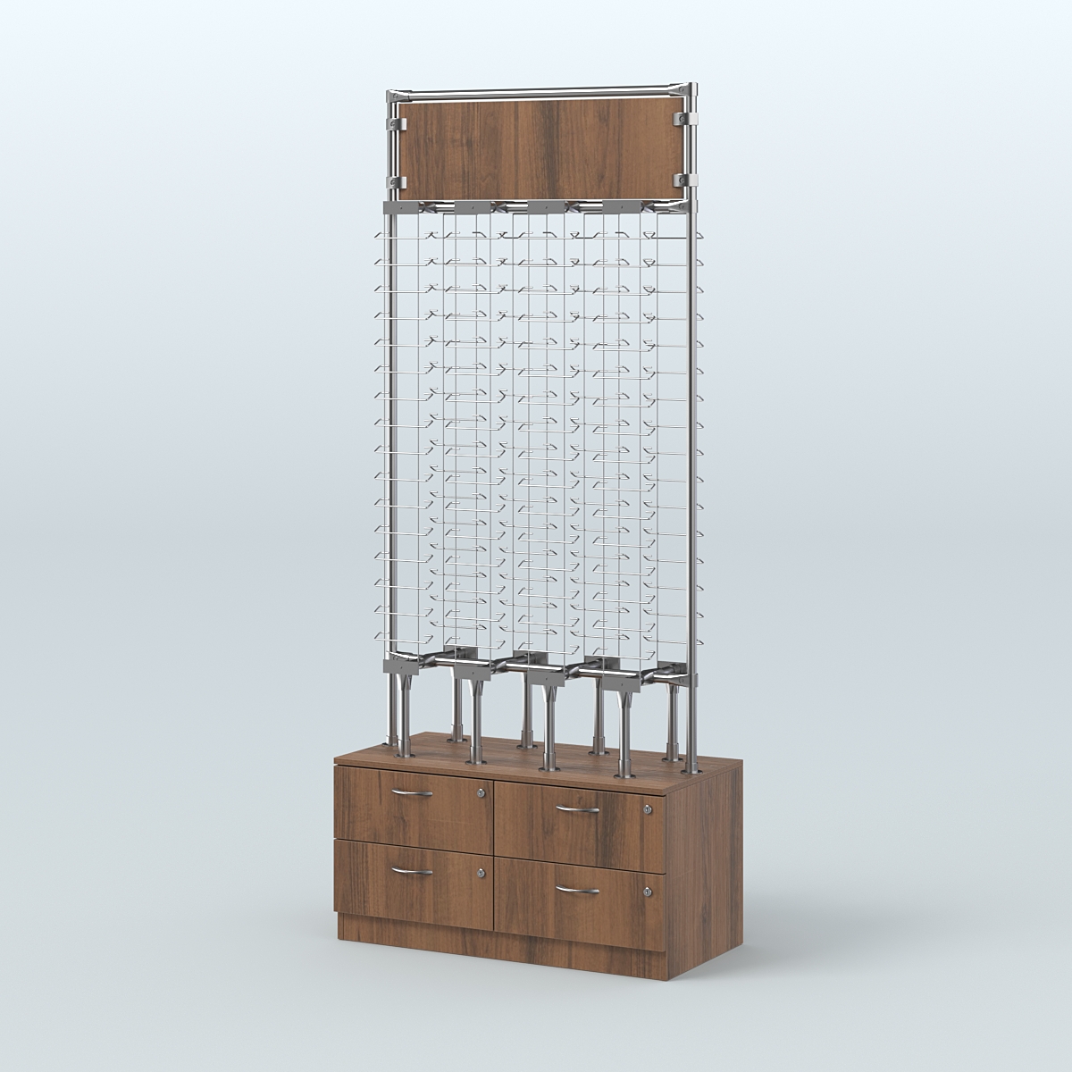 Островная двусторонняя витрина для продажи очков без задней стенки №ОВДПО-ОД-Т19-Д24 (открытый доступ) Орех