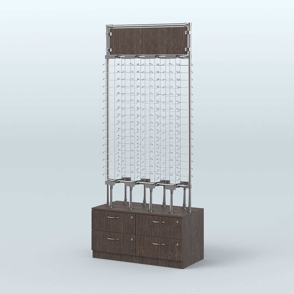 Островная двусторонняя витрина для продажи очков без задней стенки №ОВДПО-ОД-Т19-Д24 (открытый доступ) Дуб Венге