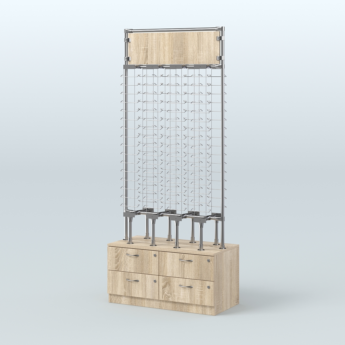 Островная двусторонняя витрина для продажи очков без задней стенки №ОВДПО-ОД-Т19-Д24 (открытый доступ) Дуб сонома