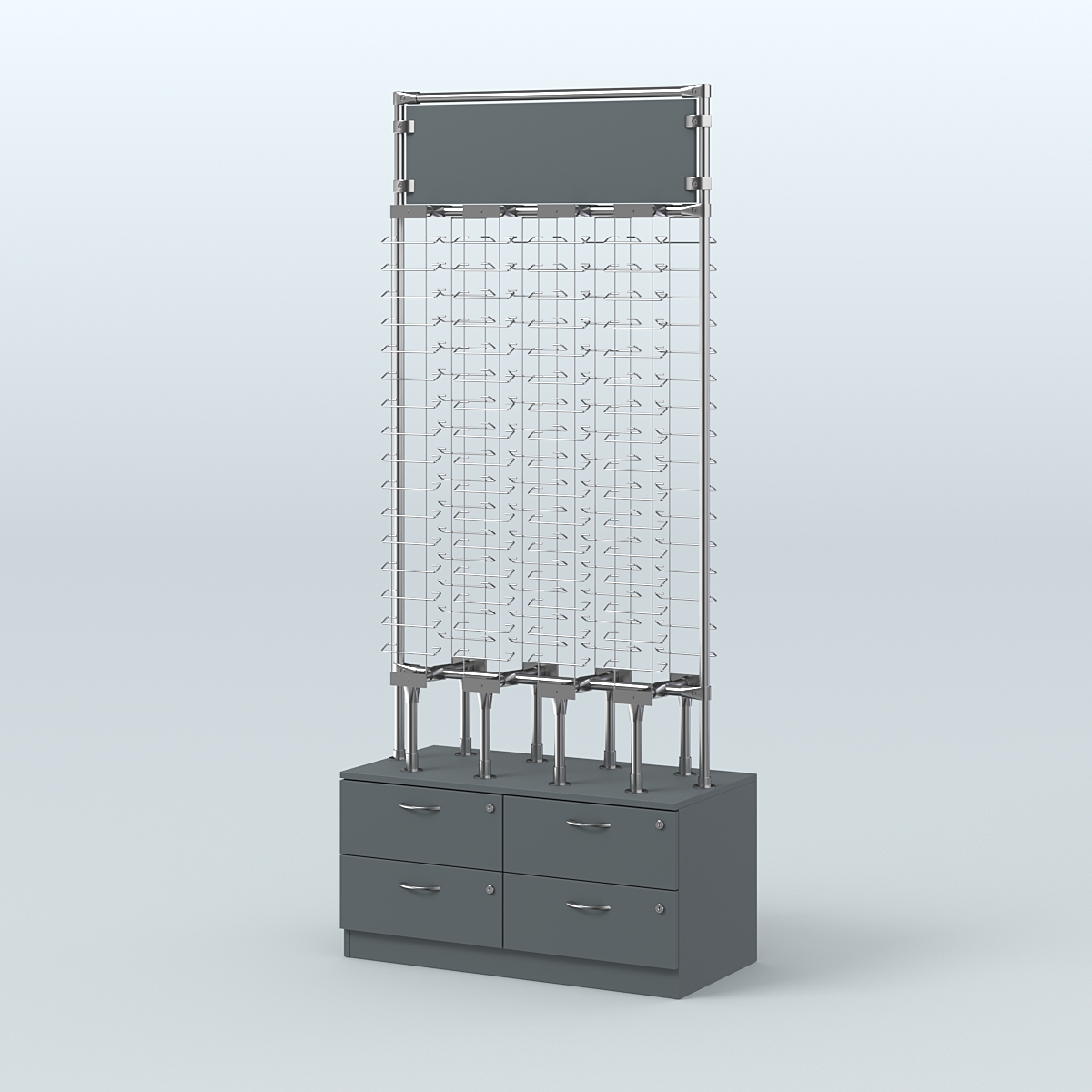 Островная двусторонняя витрина для продажи очков без задней стенки №ОВДПО-ОД-Т19-Д24 (открытый доступ) Темно-Серый