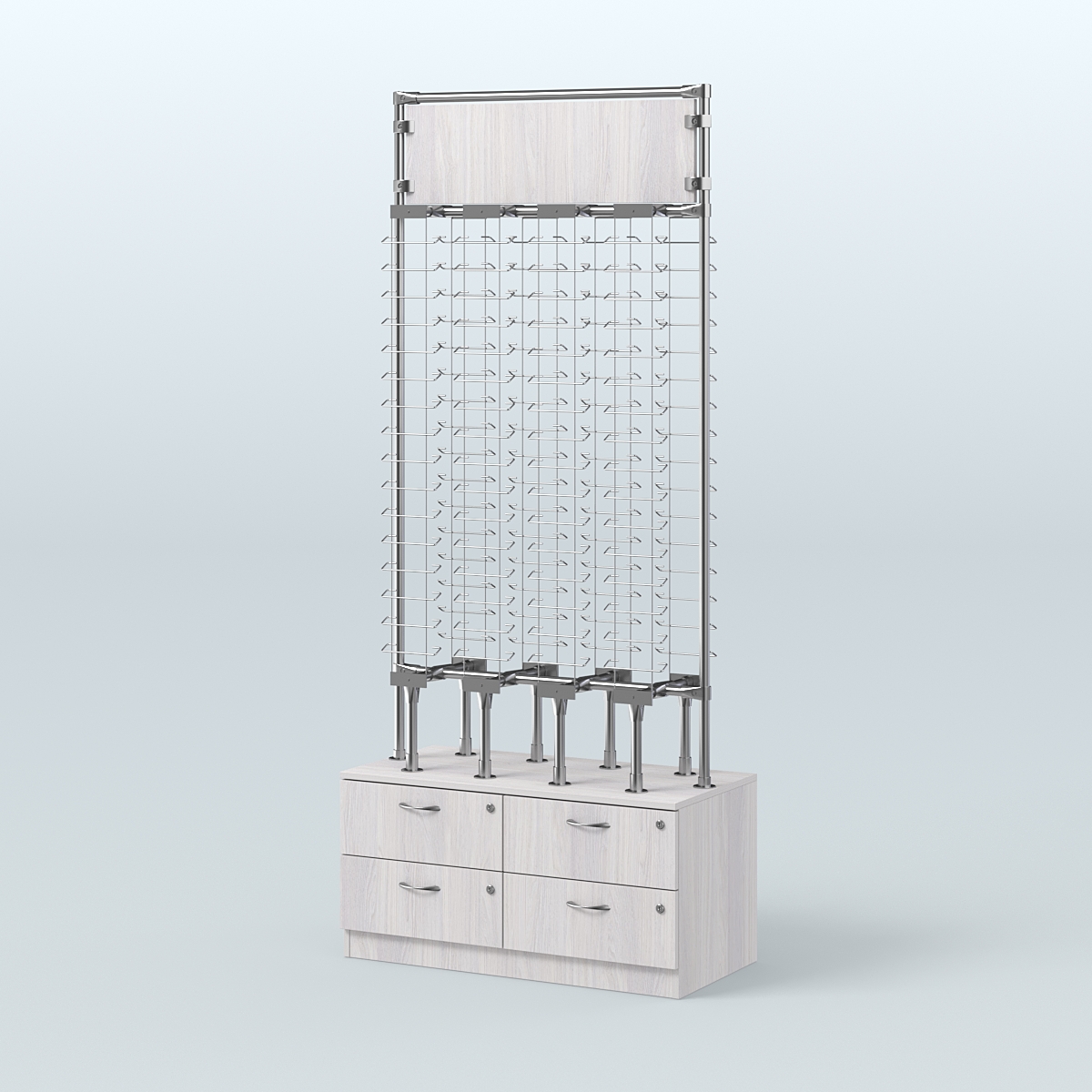 Островная двусторонняя витрина для продажи очков без задней стенки №ОВДПО-ОД-Т19-Д24 (открытый доступ) Ясень Анкор светлый