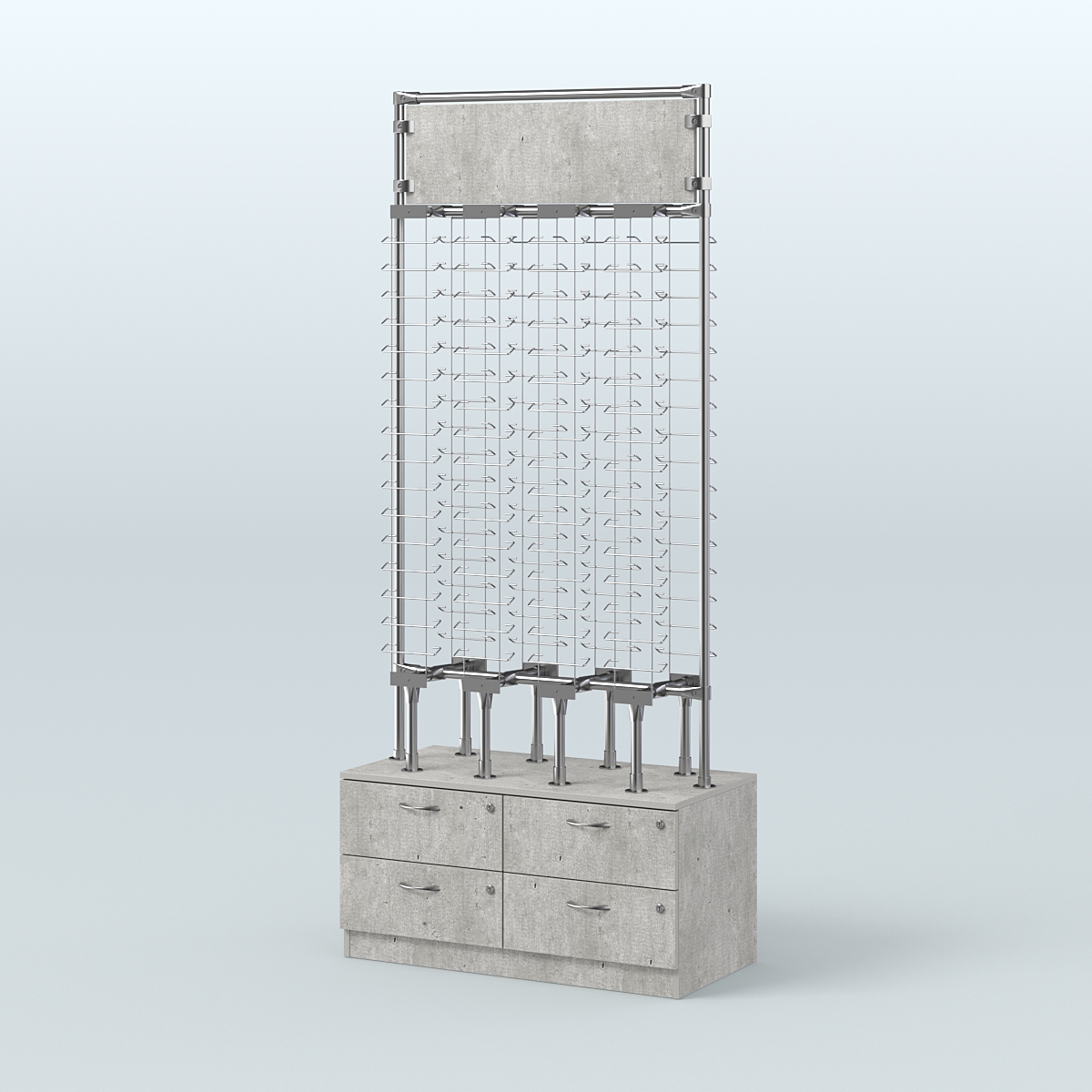 Островная двусторонняя витрина для продажи очков без задней стенки №ОВДПО-ОД-Т19-Д24 (открытый доступ) Метрополитан Грей