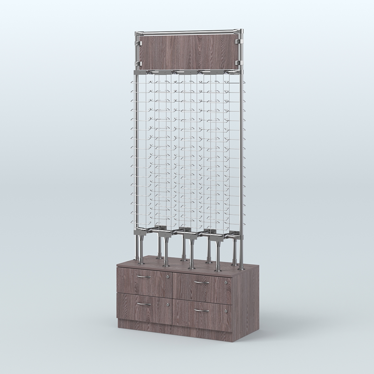 Островная двусторонняя витрина для продажи очков без задней стенки №ОВДПО-ОД-Т19-Д24 (открытый доступ) Ясень Анкор темный