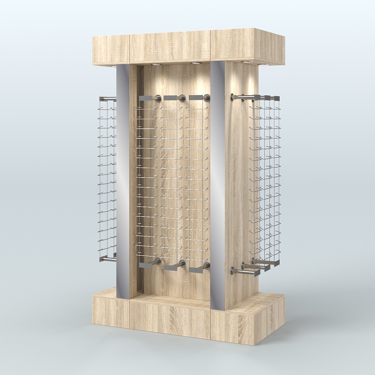 Комплект стеллажей из ДСП с подсветкой для продажи очков №2-а-Д24 (откр.доступ) с торцевыми зеркалами Дуб Сонома