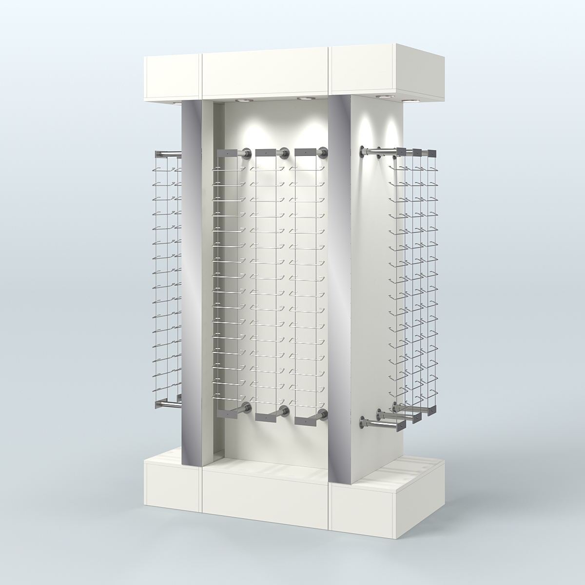 Комплект стеллажей из ДСП с подсветкой для продажи очков №2-а-Д24 (откр.доступ) с торцевыми зеркалами Белый