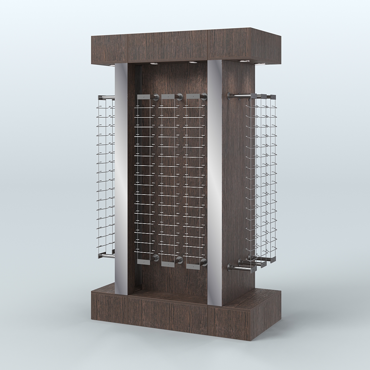 Комплект стеллажей из ДСП с подсветкой для продажи очков №2-а-Д24 (откр.доступ) с торцевыми зеркалами Дуб Венге