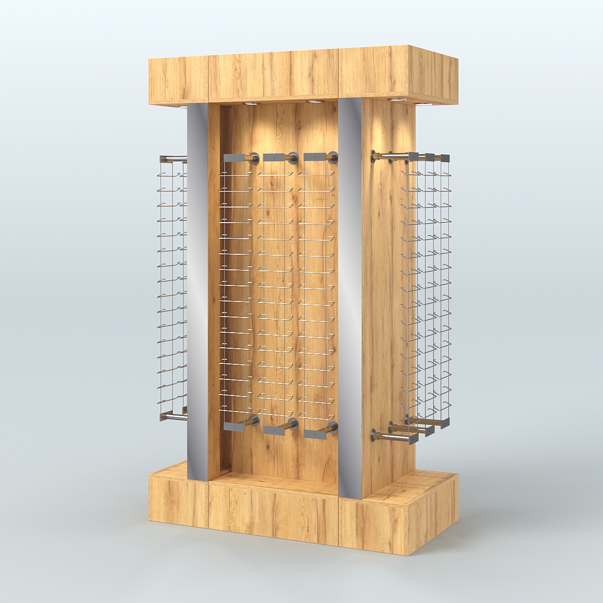 Комплект стеллажей из ДСП с подсветкой для продажи очков №2-а-Д24 (откр.доступ) с торцевыми зеркалами Дуб Золотистый