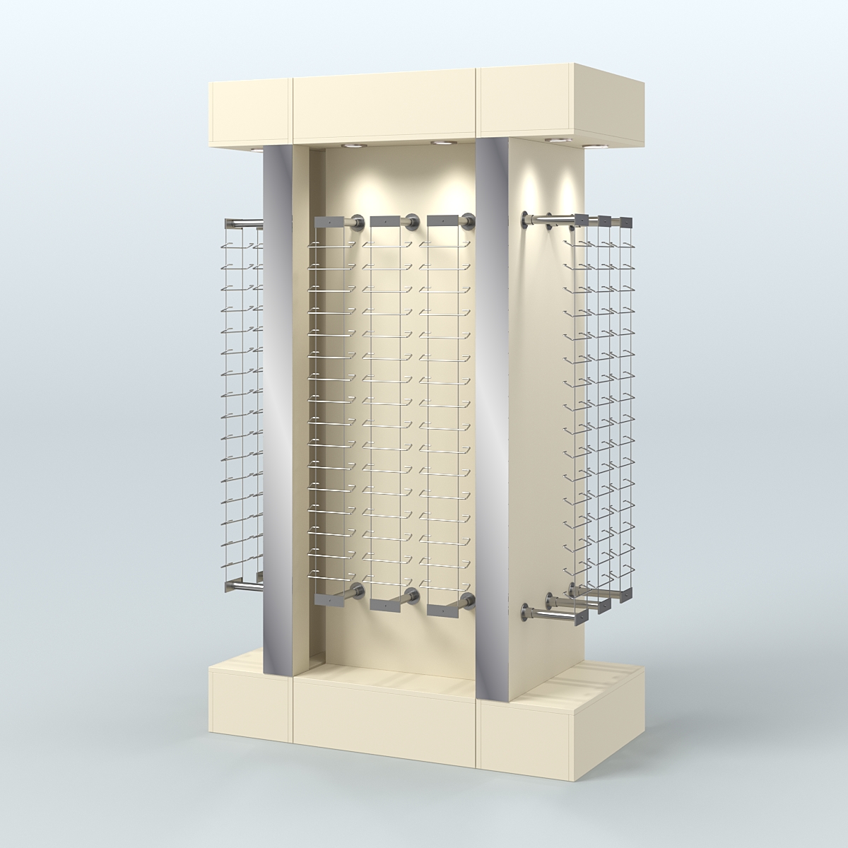 Комплект стеллажей из ДСП с подсветкой для продажи очков №2-а-Д24 (откр.доступ) с торцевыми зеркалами Крем Вайс