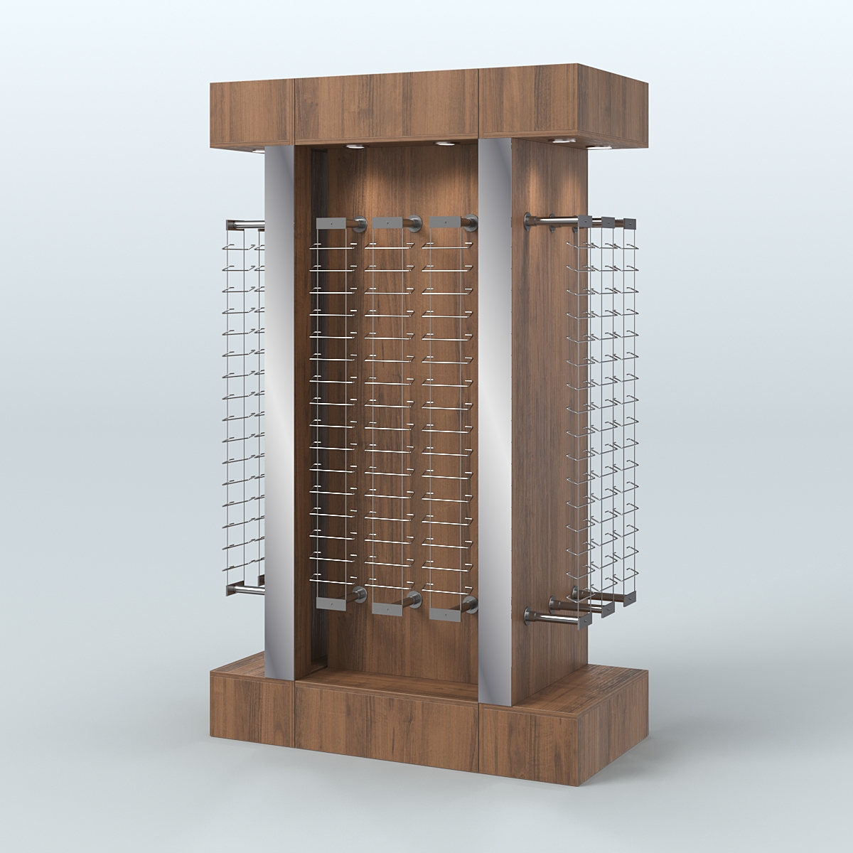 Комплект стеллажей из ДСП с подсветкой для продажи очков №2-а-Д24 (откр.доступ) с торцевыми зеркалами Орех