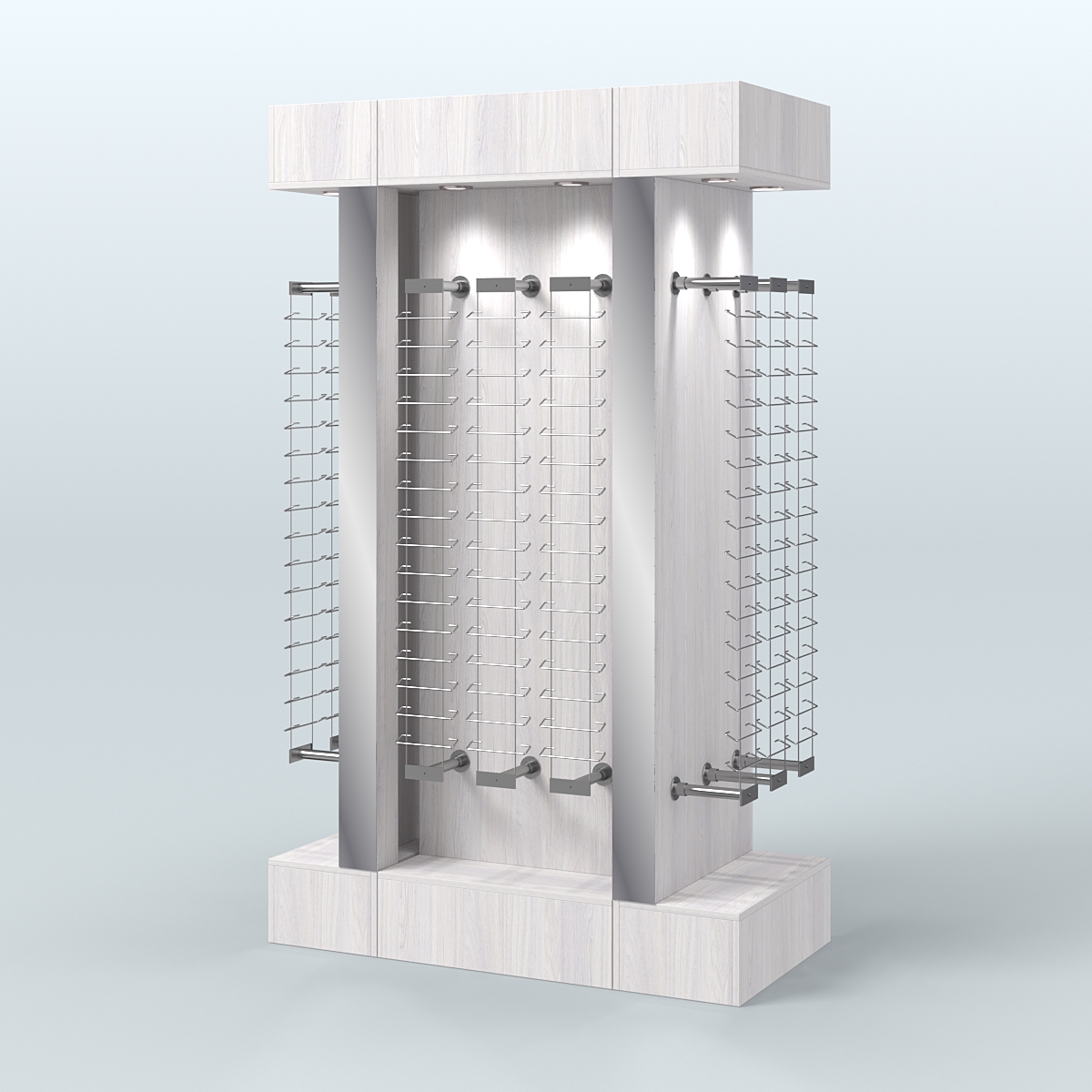 Комплект стеллажей из ДСП с подсветкой для продажи очков №2-а-Д24 (откр.доступ) с торцевыми зеркалами Ясень Анкор светлый
