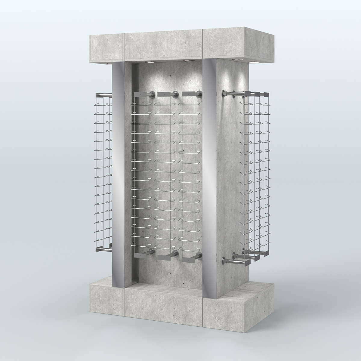 Комплект стеллажей из ДСП с подсветкой для продажи очков №2-а-Д24 (откр.доступ) с торцевыми зеркалами Метрополитан Грей
