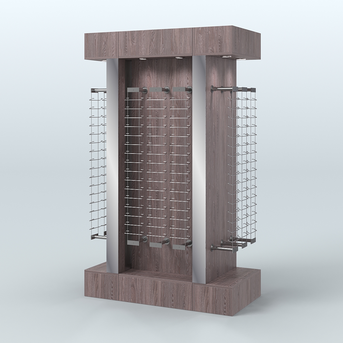Комплект стеллажей из ДСП с подсветкой для продажи очков №2-а-Д24 (откр.доступ) с торцевыми зеркалами Ясень Анкор темный