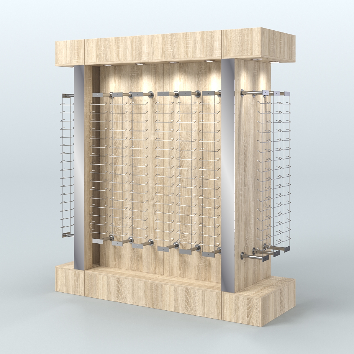 Комплект стеллажей из ДСП с подсветкой для продажи очков №1-б-Д24 (откр.доступ) с торцевыми зеркалами Дуб Сонома