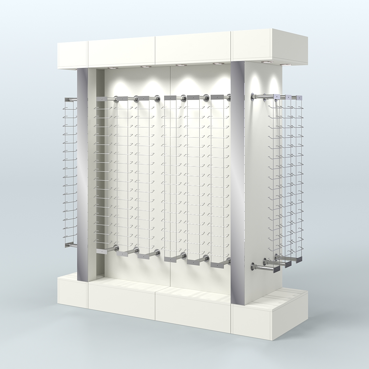 Комплект стеллажей из ДСП с подсветкой для продажи очков №1-б-Д24 (откр.доступ) с торцевыми зеркалами Белый