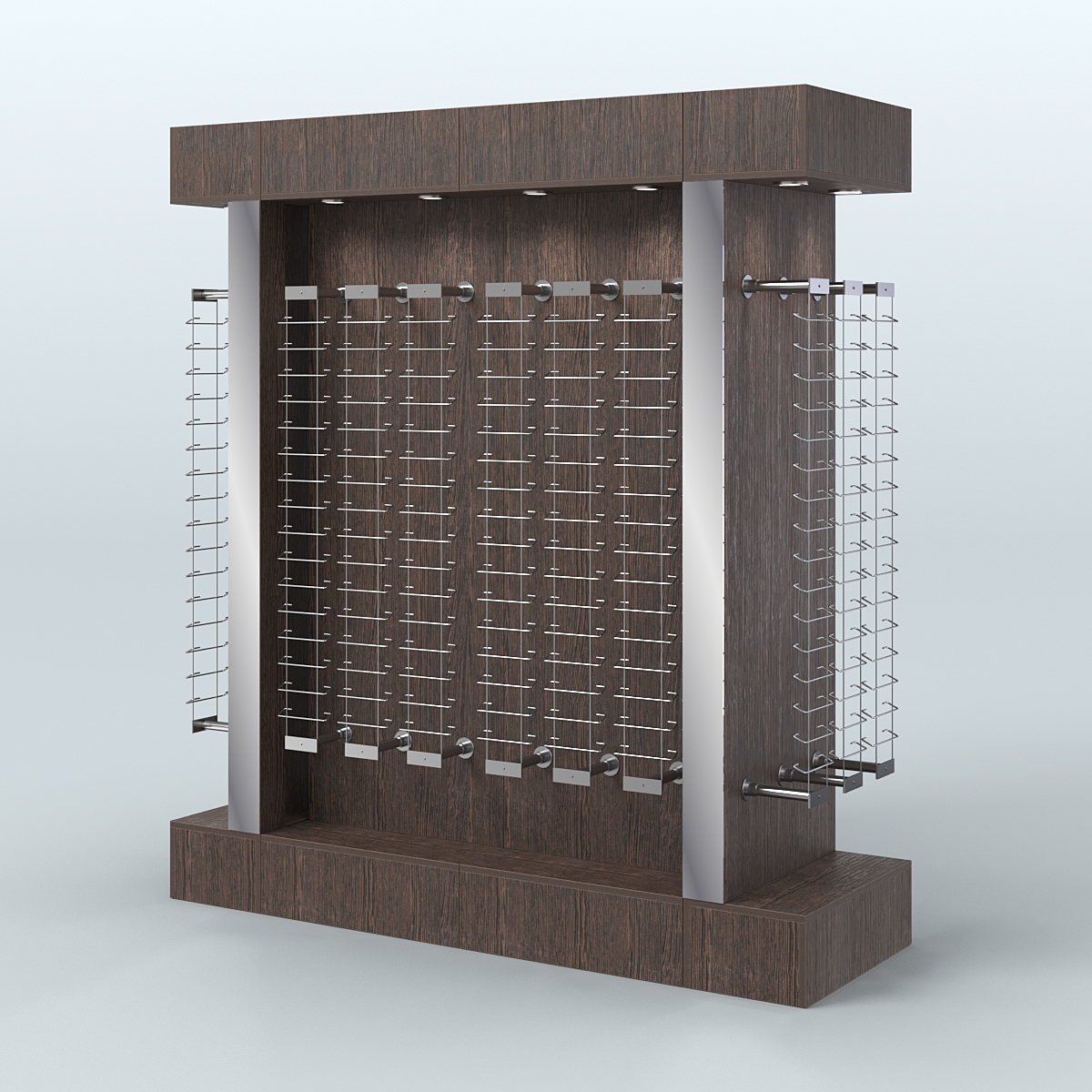 Комплект стеллажей из ДСП с подсветкой для продажи очков №1-б-Д24 (откр.доступ) с торцевыми зеркалами Дуб Венге