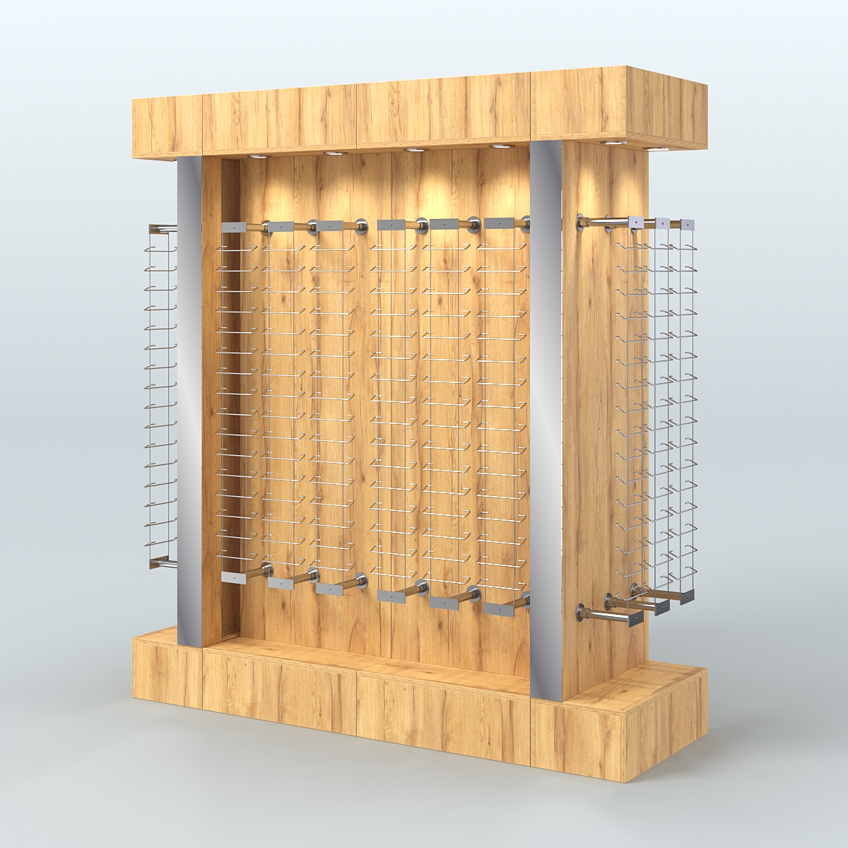 Комплект стеллажей из ДСП с подсветкой для продажи очков №1-б-Д24 (откр.доступ) с торцевыми зеркалами Дуб Золотистый