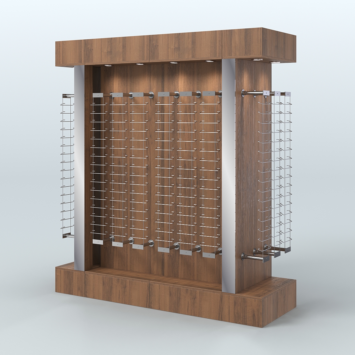 Комплект стеллажей из ДСП с подсветкой для продажи очков №1-б-Д24 (откр.доступ) с торцевыми зеркалами Орех