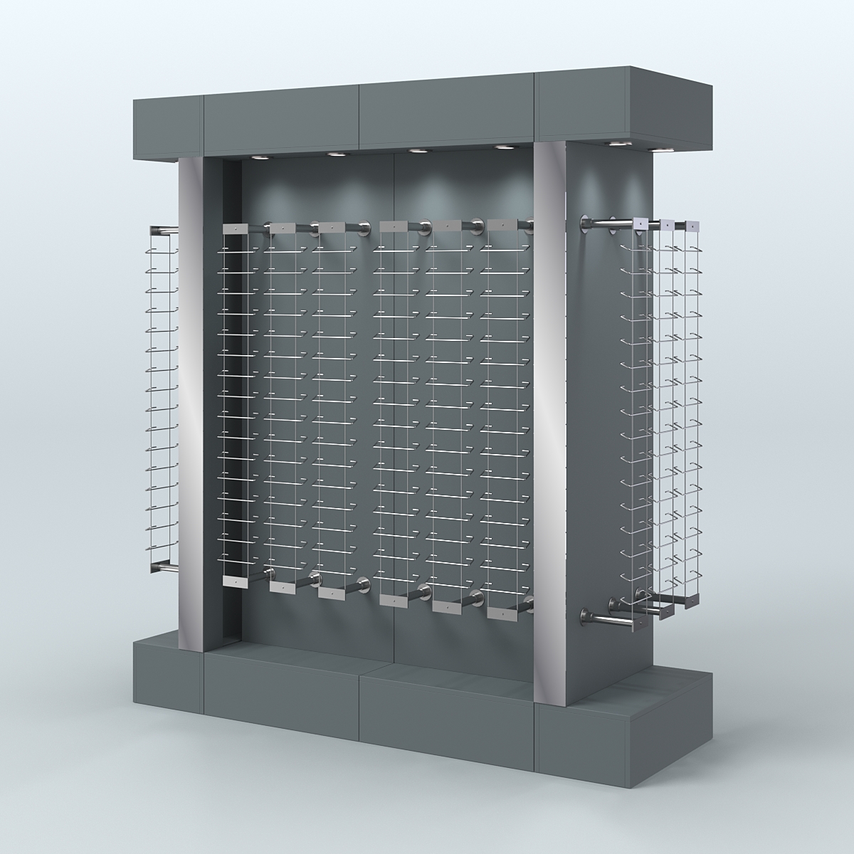 Комплект стеллажей из ДСП с подсветкой для продажи очков №1-б-Д24 (откр.доступ) с торцевыми зеркалами Темно-Серый