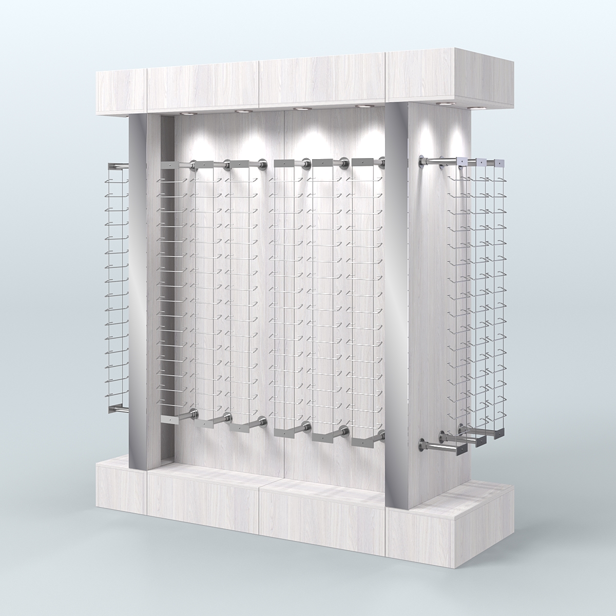 Комплект стеллажей из ДСП с подсветкой для продажи очков №1-б-Д24 (откр.доступ) с торцевыми зеркалами Ясень Анкор светлый