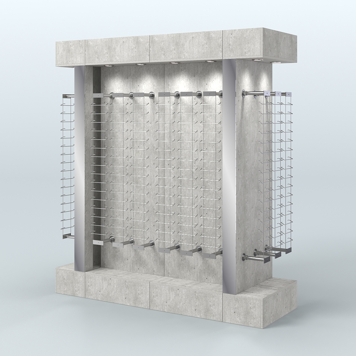 Комплект стеллажей из ДСП с подсветкой для продажи очков №1-б-Д24 (откр.доступ) с торцевыми зеркалами Метрополитан Грей