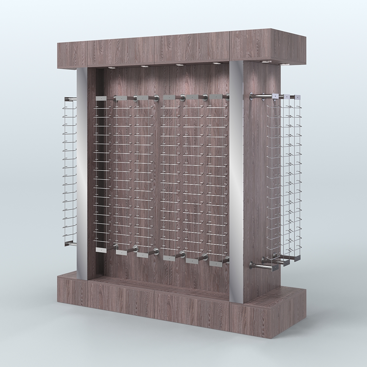 Комплект стеллажей из ДСП с подсветкой для продажи очков №1-б-Д24 (откр.доступ) с торцевыми зеркалами Ясень Анкор темный