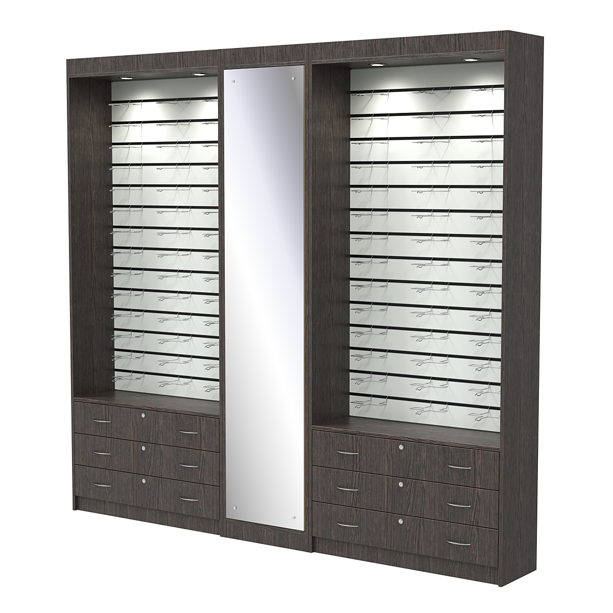 Комплект витрин под очки №11+1+11 (открытый доступ) Дуб Венге