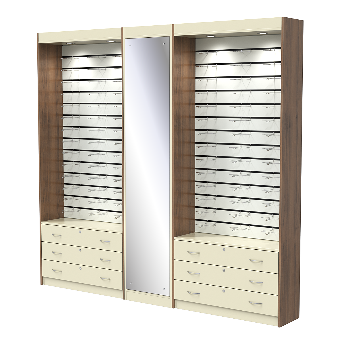 Комплект витрин под очки №11+1+11 (открытый доступ) Орех + Крем Вайс