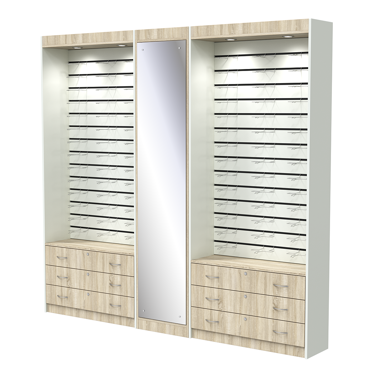 Комплект витрин под очки №11+1+11 (открытый доступ) Дуб Сонома + Белый